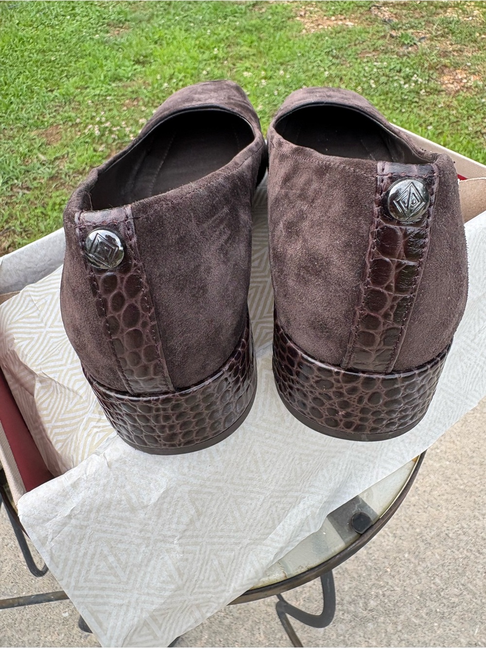 Donald J. Pliner Dark Brown Suede Square-Toe Flats With Croc Embossed Heels - Picture 3 of 6
